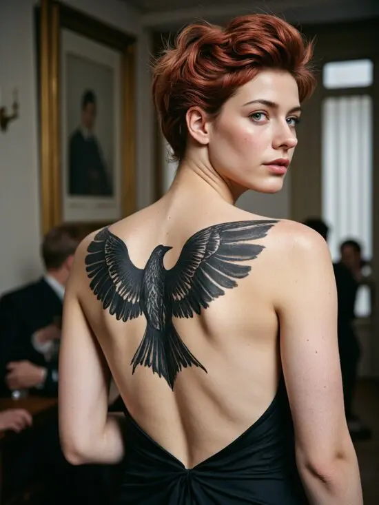 tattoo of blackwork raven on woman's back created by AI tattoo generator