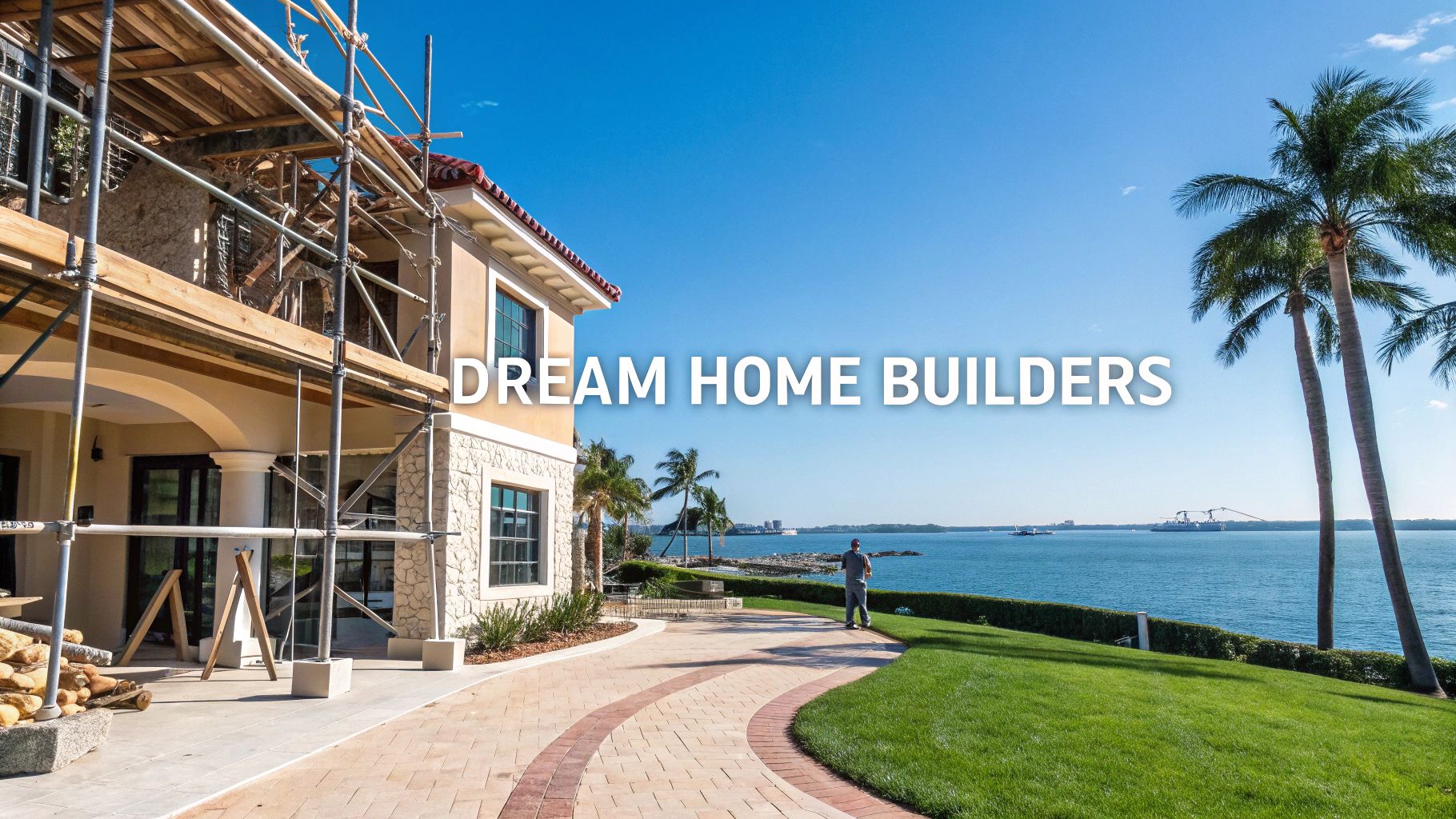'dream home builders' in front of a waterfront mansion being built with the ocean in the background