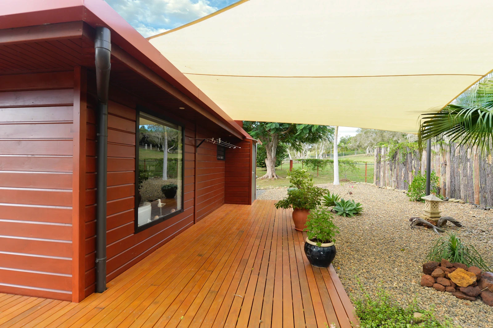 A freshly oiled hardwood deck
