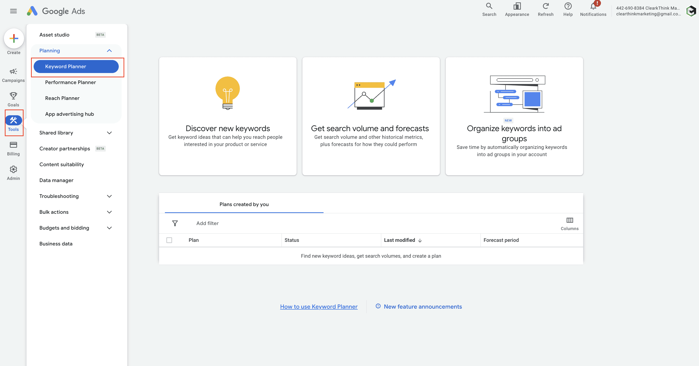 Alt text: Google Ads Keyword Planner main dashboard displaying three tools - Discover new keywords for finding keyword ideas, Get search volume and forecasts for planning, and Organize keywords tool for campaign structure