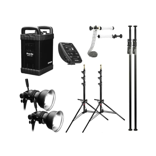 Image containing all the equipment present in the Profoto 8A 2400J Photo Pack: a Profoto Pro 8A 2400J generator, two Profoto Prohead flash heads, one Profoto Air sync, two Manfrotto autopoles (background support), a pair of Manfrotto mid-axles (background roller), two Manfrotto light stands.