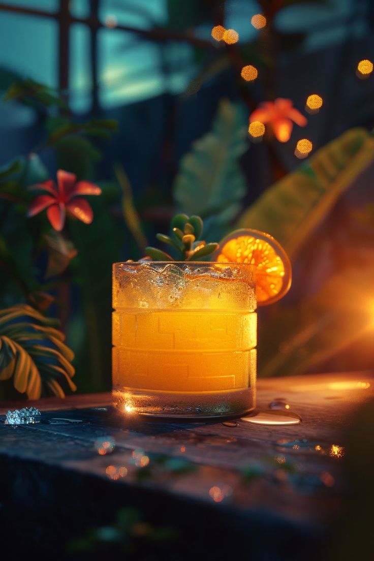Tropical Indian botanicals inspired cocktail glowing in warm ambient lighting, representing Dhoom’s blend of global bar craftsmanship and regional Indian flavors.