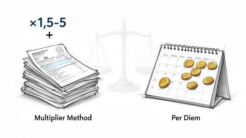 An illustration comparing the Multiplier Method (stack of papers) and Per Diem (calendar with coins) for calculating damages.