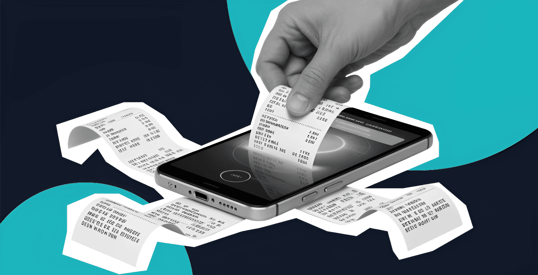an image of a receipt being pulled out of a mobile screen by a hand, all in black and white