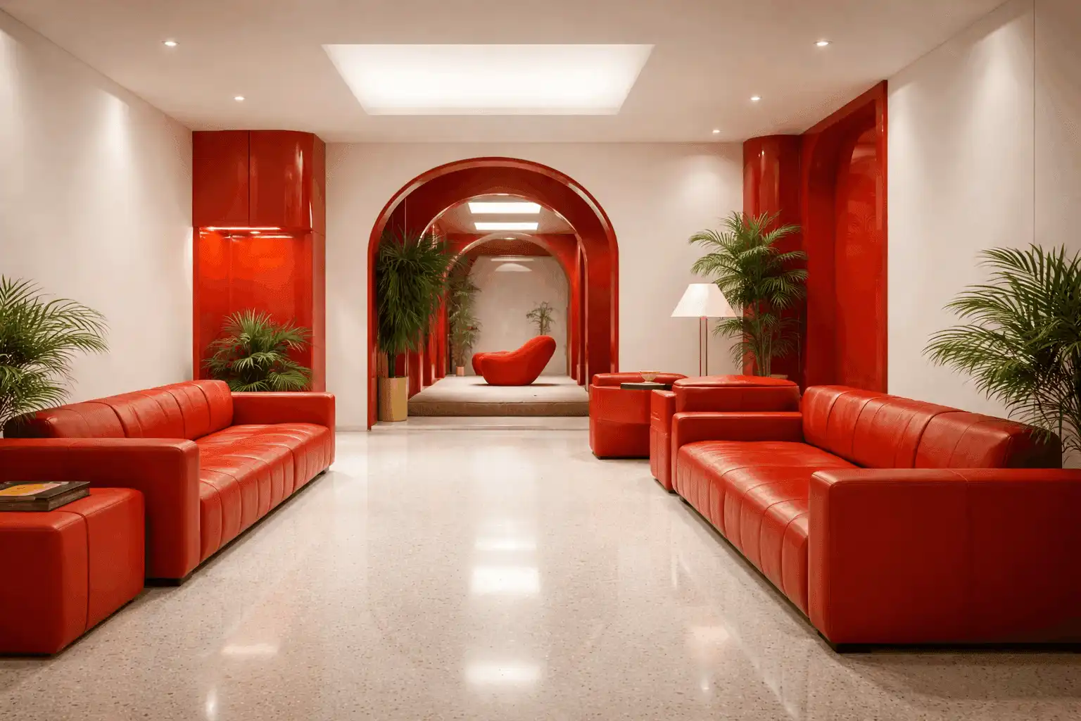 Modern luxury interior hallway with red seating, arched architecture, and indoor plants.