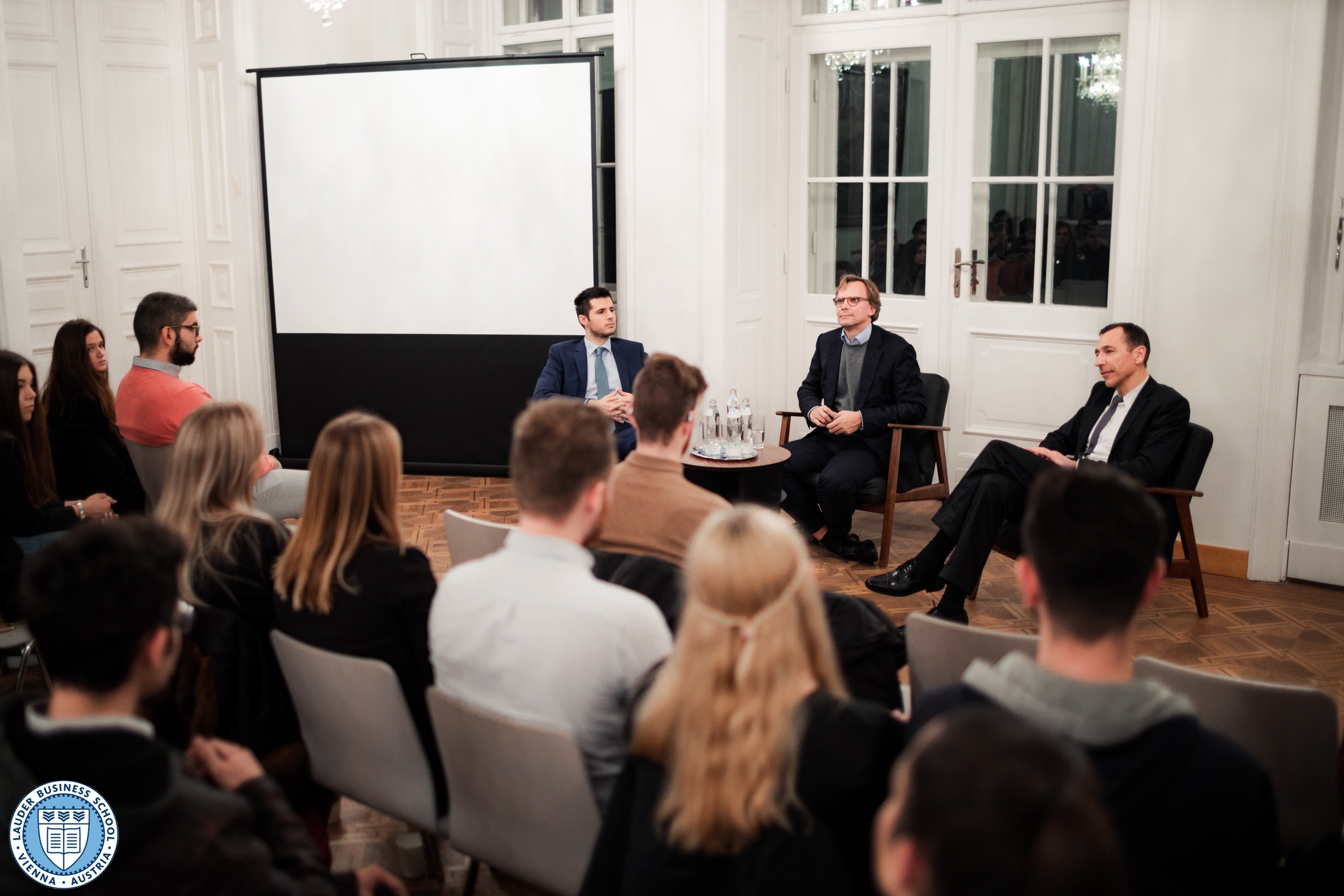 Dr. Andreas Bierwirth, CEO of Magenta Telekom together with Dr. Tamas Csermely, Director of Graduate Studies at LBS and Mr. Alexander Zirkler, Executive Director talking to LBS students