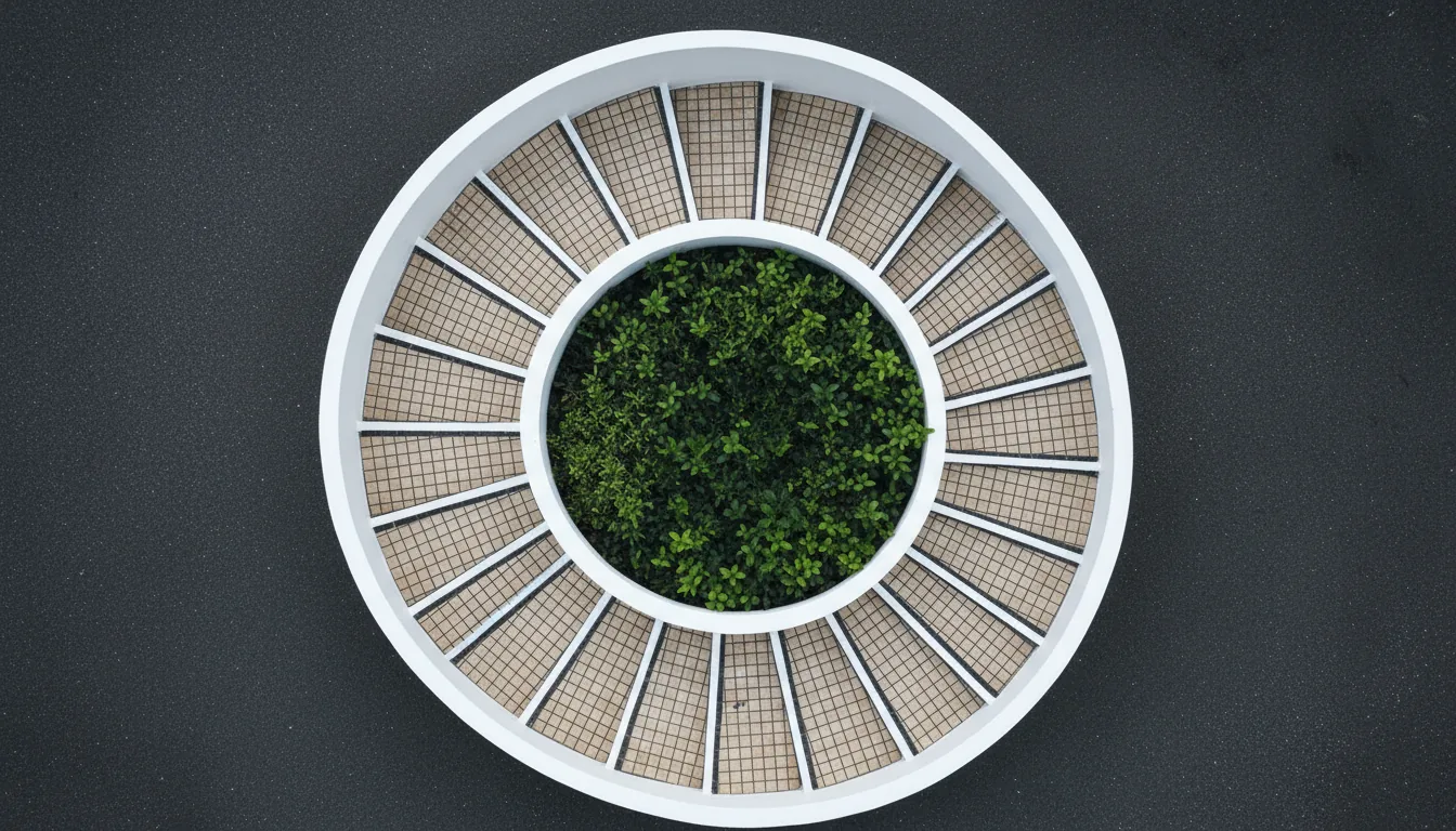 Top-down architectural DSLR photograph of a minimalist white concrete spiral staircase forming a perfect Fibonacci spiral. The steps are covered in a grid of small beige mosaic tiles with dark grout. At the center of the staircase's eye is a circular patch of vibrant green foliage. The scene is shot in soft, even natural daylight, creating a clean, graphic composition with high contrast between the white concrete, the beige tiles, and the surrounding dark asphalt ground. Sharp focus, highly detailed textures, cool and slightly desaturated color palette.