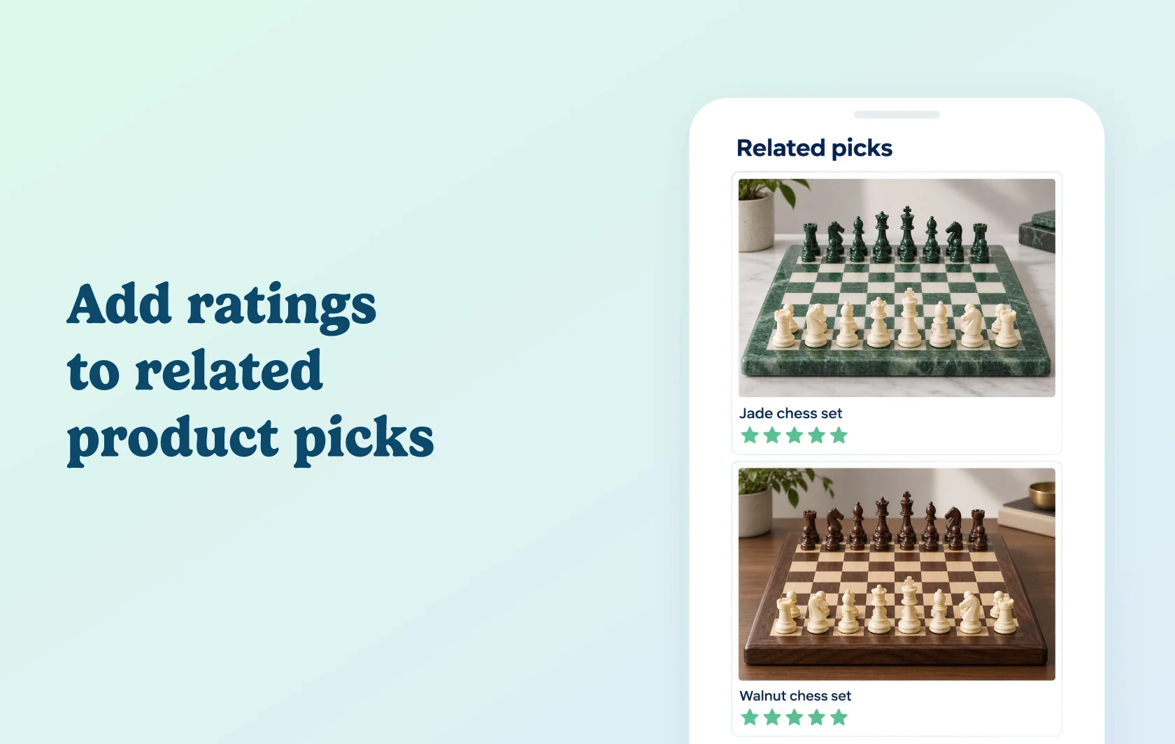 Judge.me and Also Bought CBB integration: illustration of related-product recommendations showing different chess sets, each with its own star rating.
