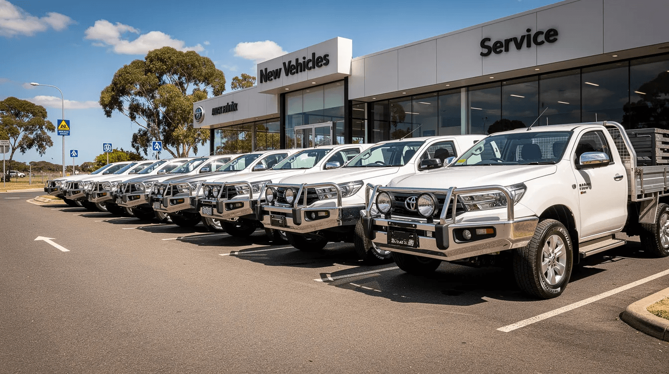 The image shows a row of new white commercial work utes parked neatly at an Australian vehicle dealership, symbolizing business growth and the potential for entrepreneurs to scale their businesses effectively. These vehicles represent essential tools for business owners aiming to enhance their operations and serve loyal customers.