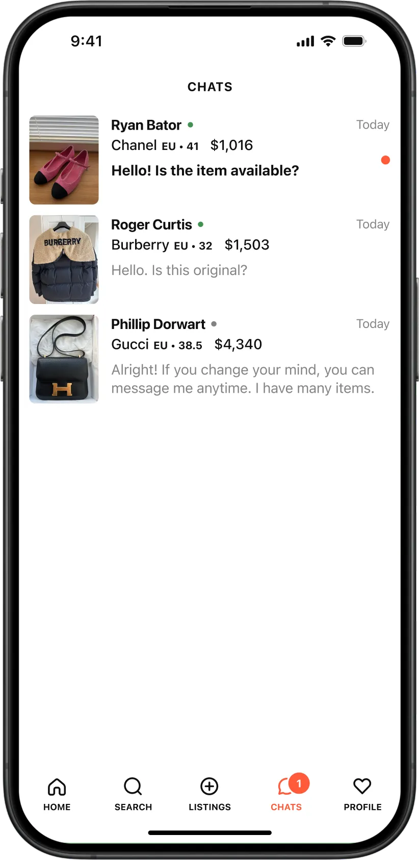 Chat list screen in the Tuff Stuff marketplace app, showing buyer and seller conversations connected to specific luxury items, prices, message previews, and unread status.