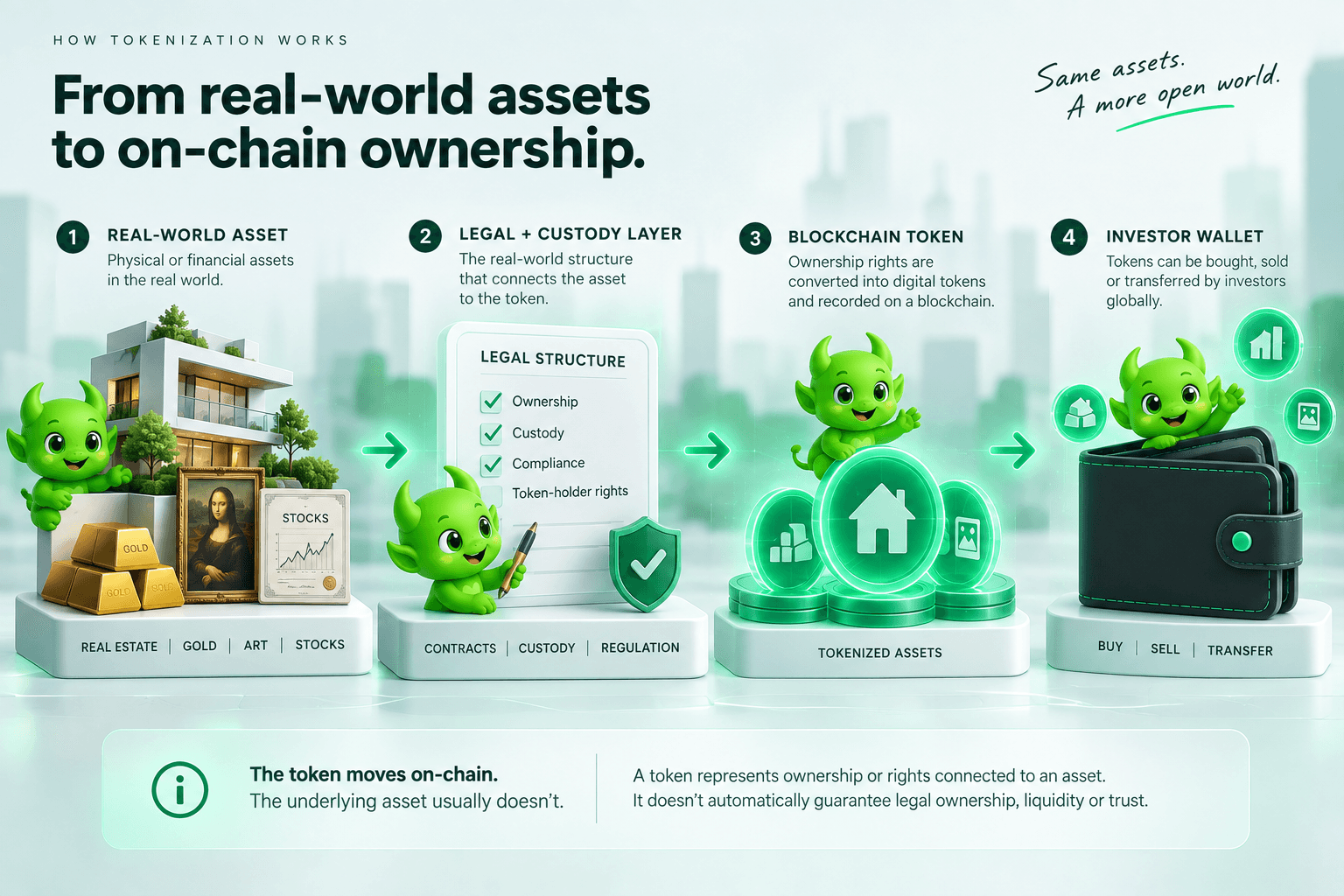 Diagram showing how tokenization works from real world asset through legal custody layer to blockchain token and investor wallet
