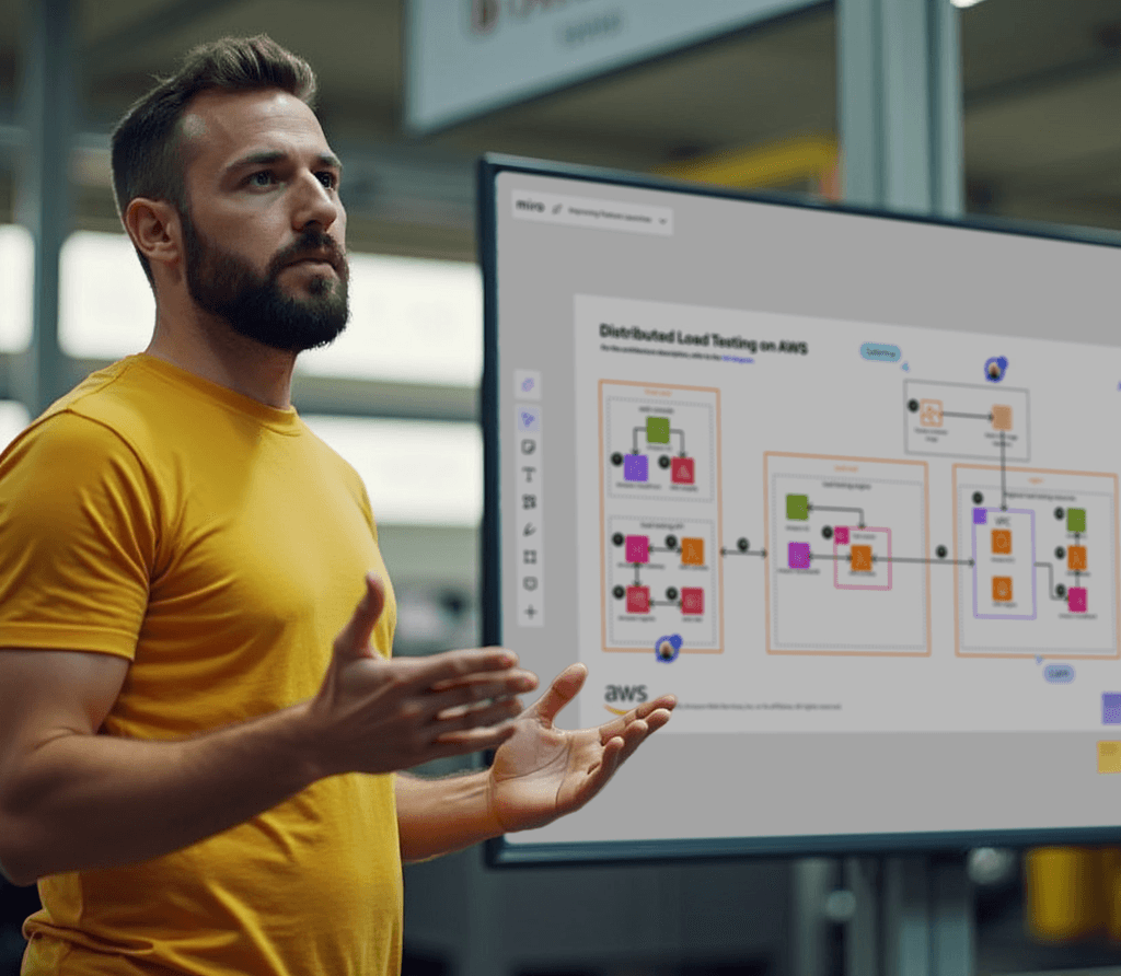 A person in a yellow shirt stands in an industrial setting, gesturing towards a digital display showing a Miro board with a complex workflow of distributed load testing on AWS.