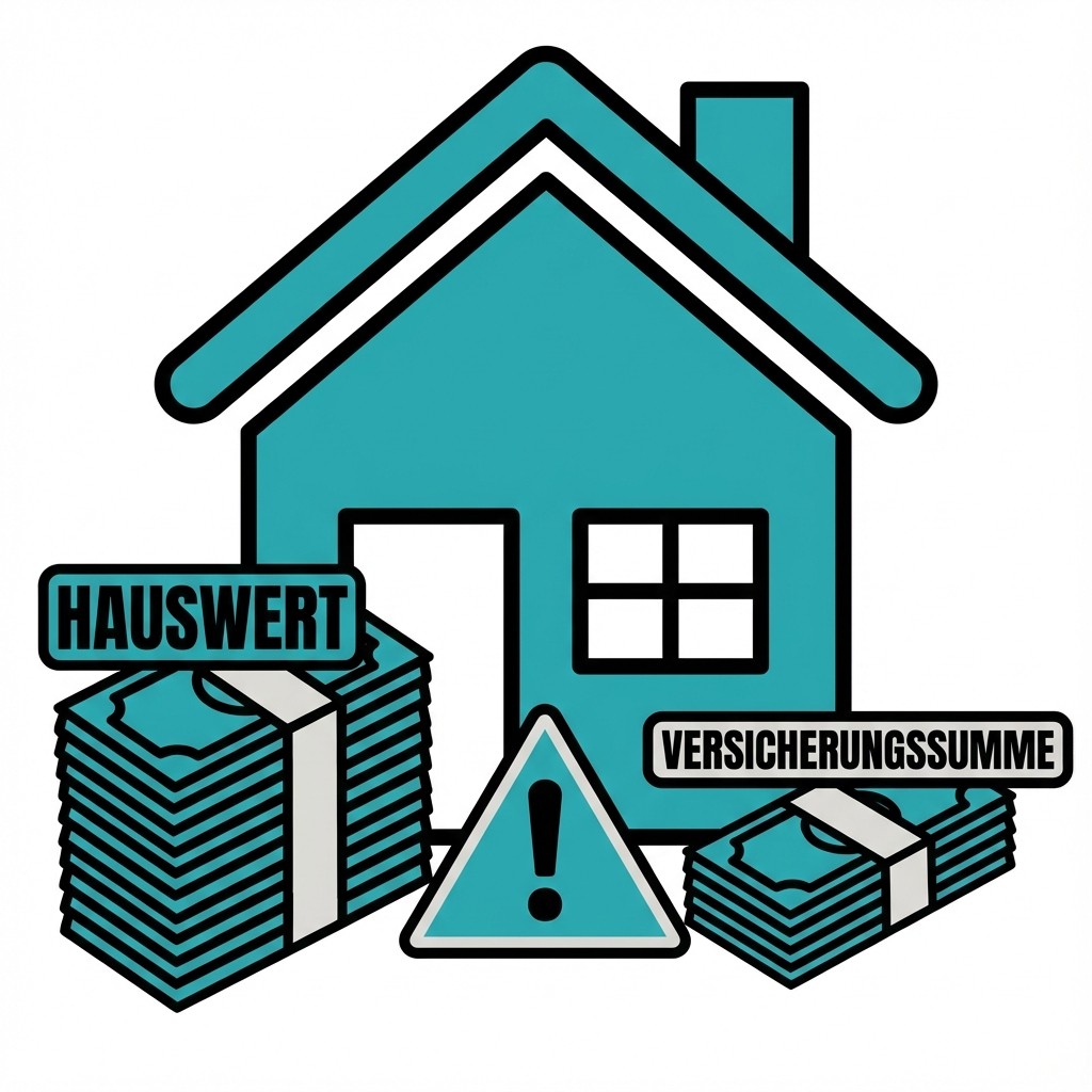 Grafik zur Unterversicherung: Der Geldstapel "Hauswert" ist deutlich höher als die "Versicherungssumme", mit einem Warndreieck davor.