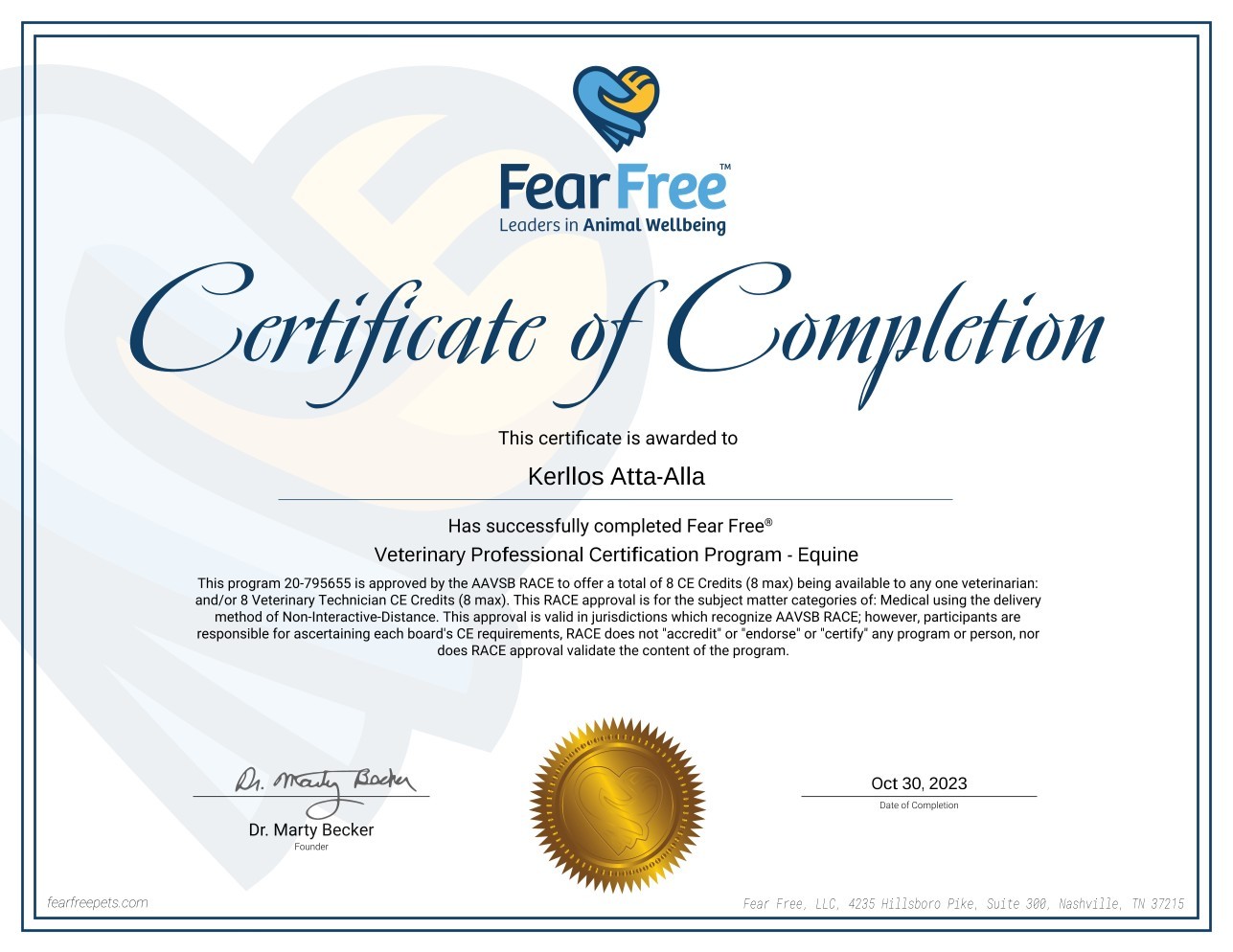 Fear Free Veterinary Professional Certification Program Equine certificate awarded to Kerllos Atta-Alla on October 30, 2023