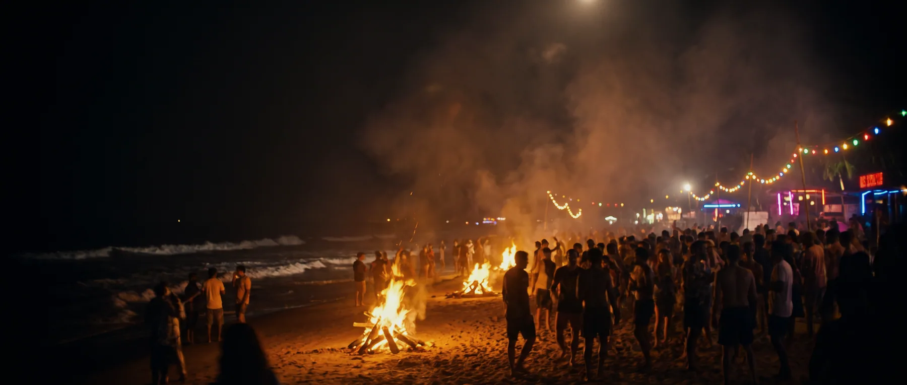 Concept art: bonfires burning on a night beach, a crowd standing around them, string lights along the shore behind.