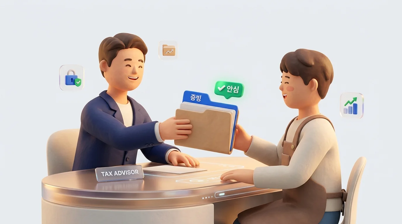 세무사가 증빙 서류를 정리해 사장님에게 건네며 안심시키는 장면