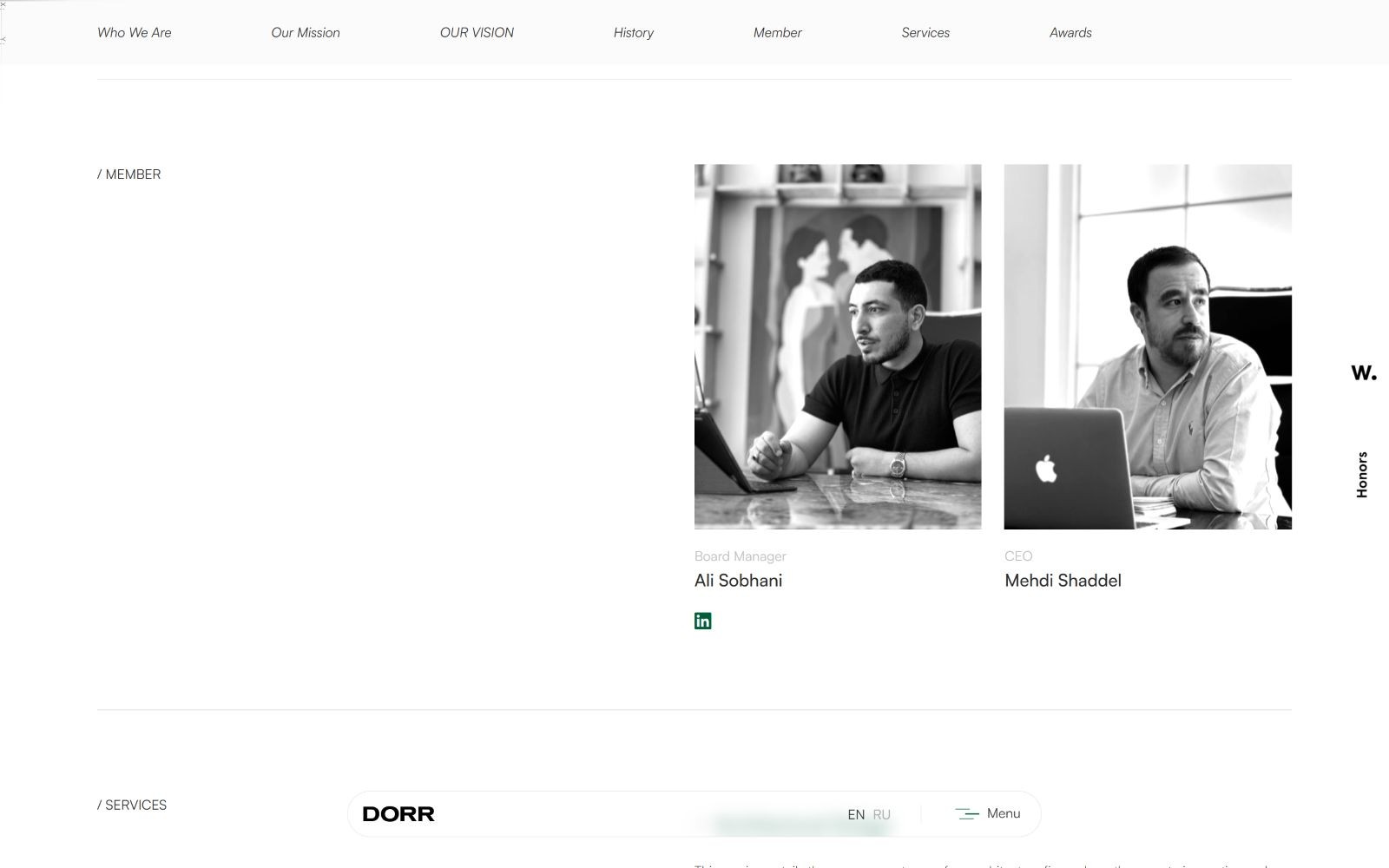 Two men sitting at desks with laptops, one labeled "Ali Sobhani" and the other "Mehdi Shaddel." Page tabs are visible above.