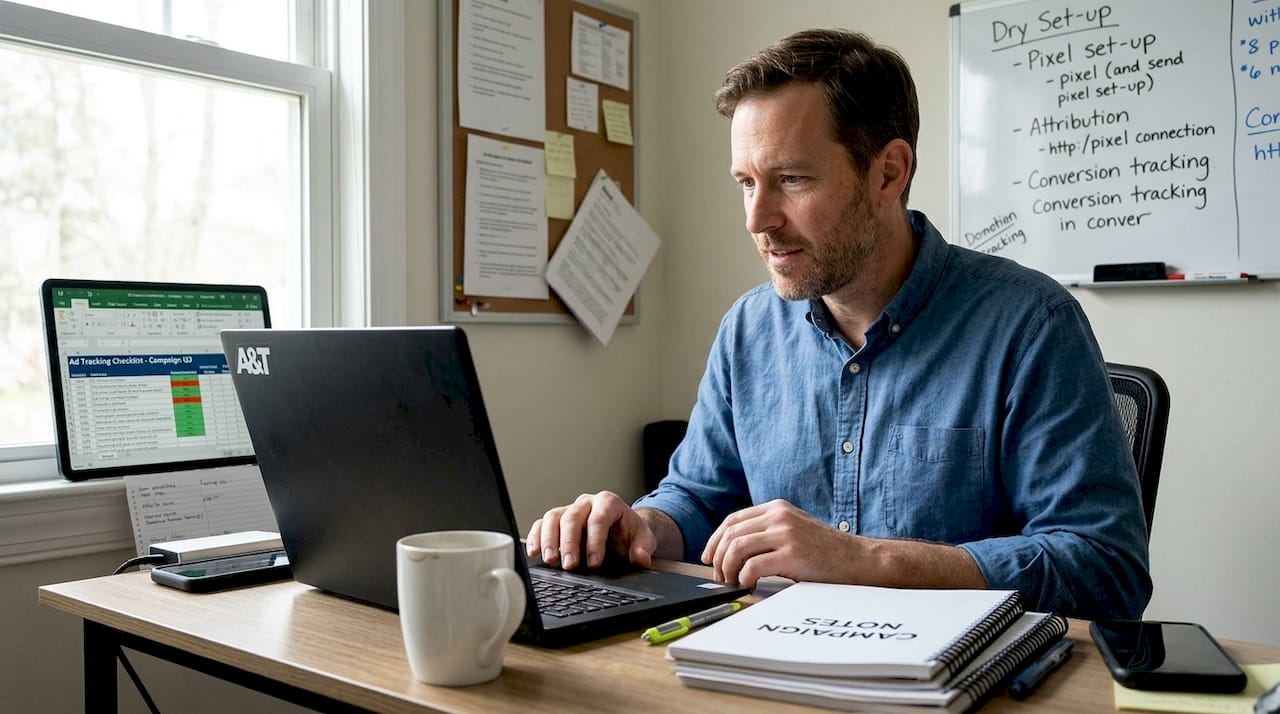 Strategist reviewing ad tracking checklist