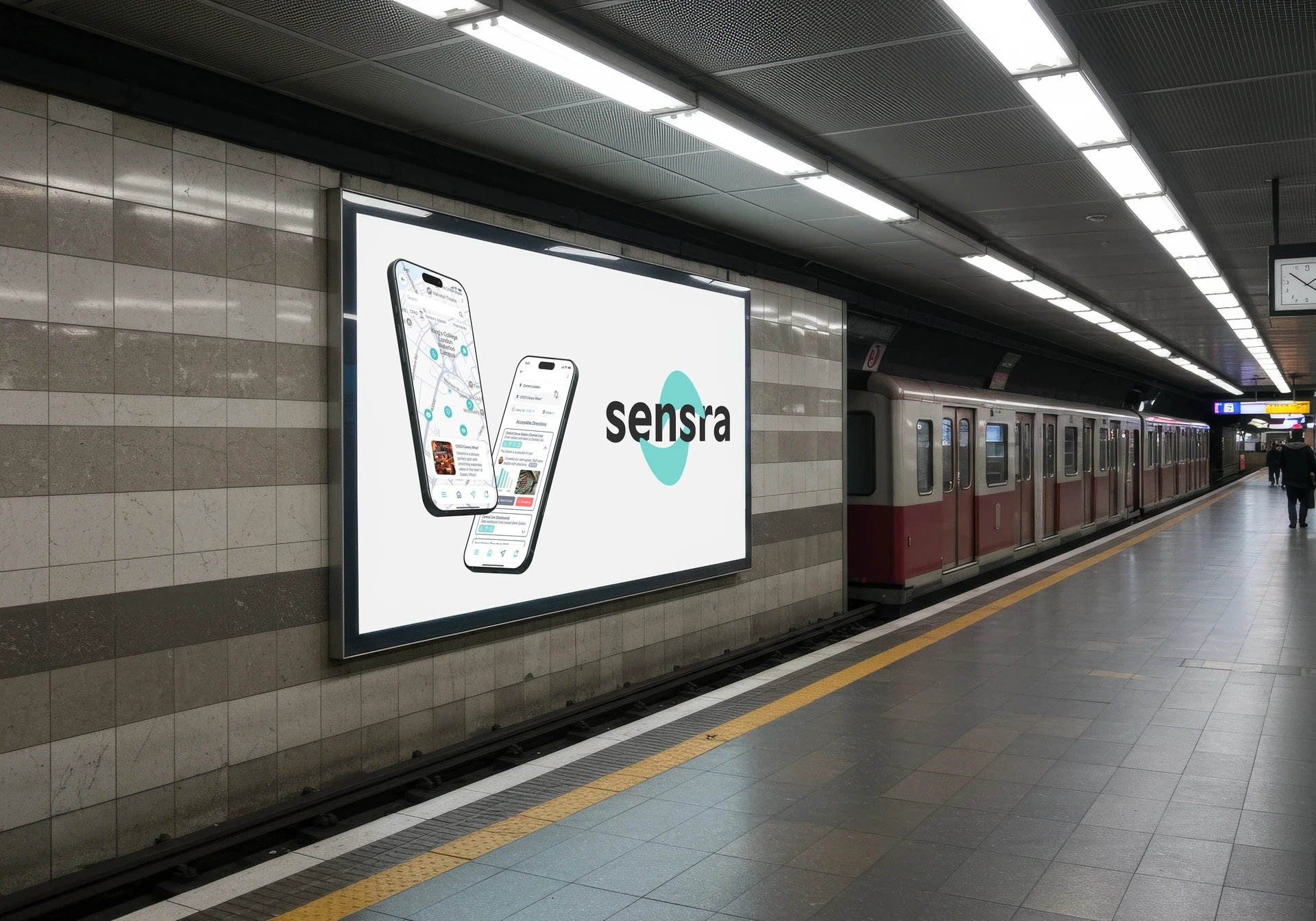 Sensra branding featured on a train station sign, highlighting public presence and wayfinding integration.