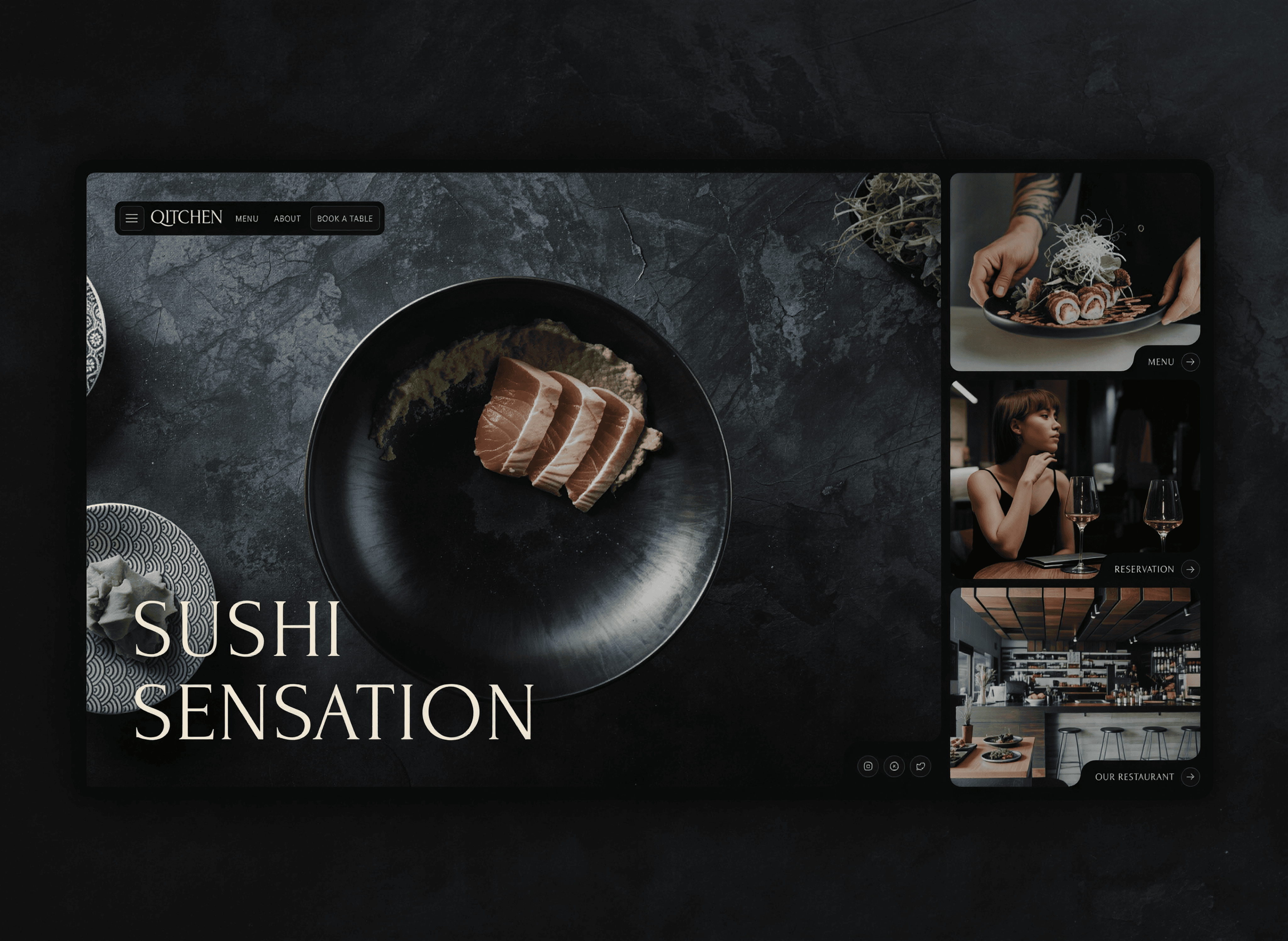 Minimalist sushi restaurant website — dark textures, elegant serif typography, cinematic lighting inspired by contemporary Japanese aesthetics.