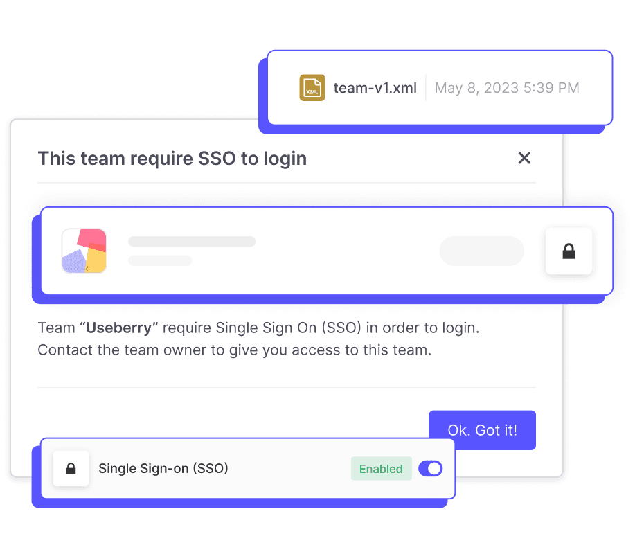 Illustration of a Single Sign-On (SSO) login requirement with locked user access, XML file upload, and enabled security toggle for Useberry team collaboration.