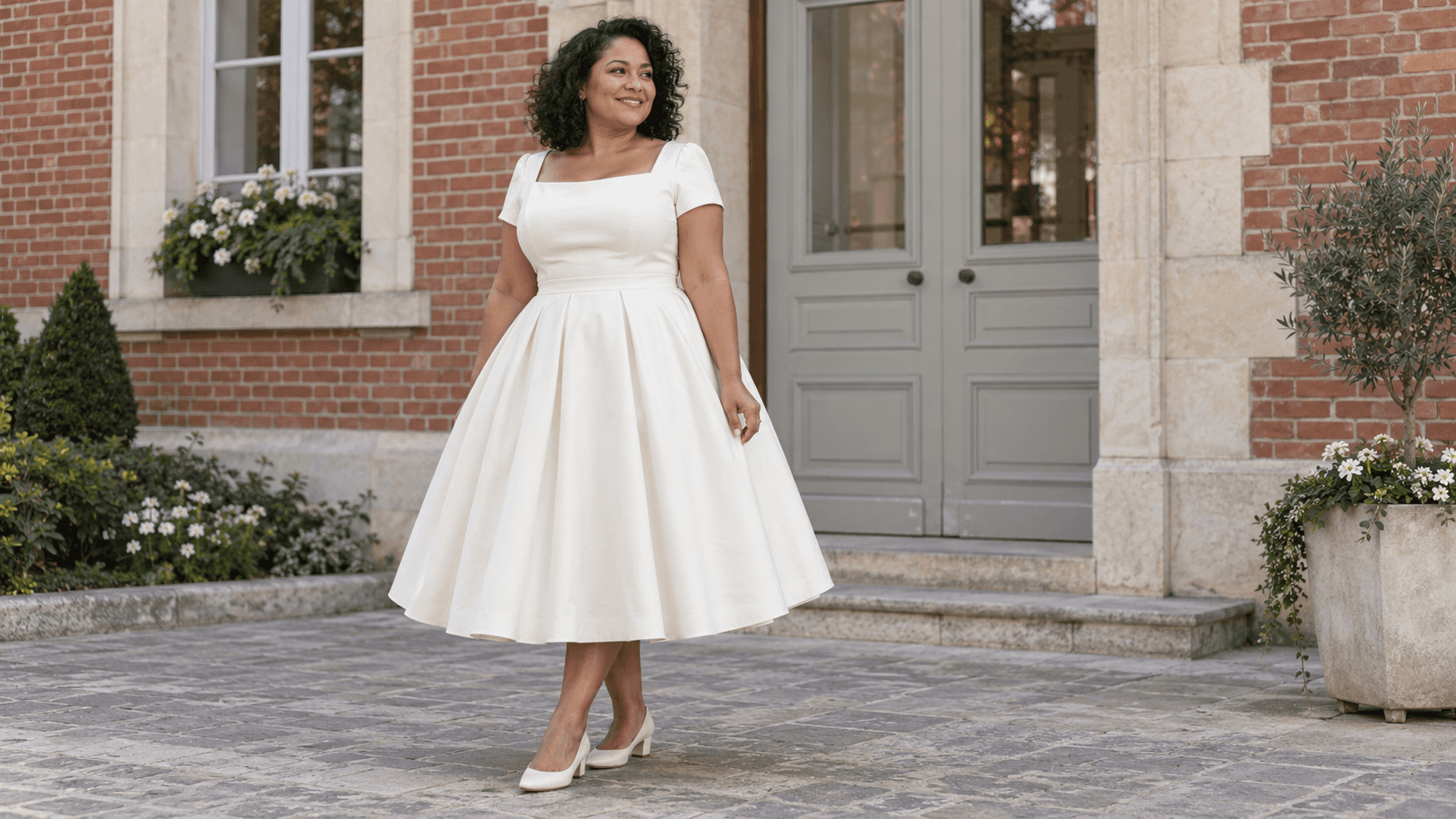 Une femme porte une robe ivoire à taille marquée et jupe évasée esprit années 1950, devant un bâtiment en brique.