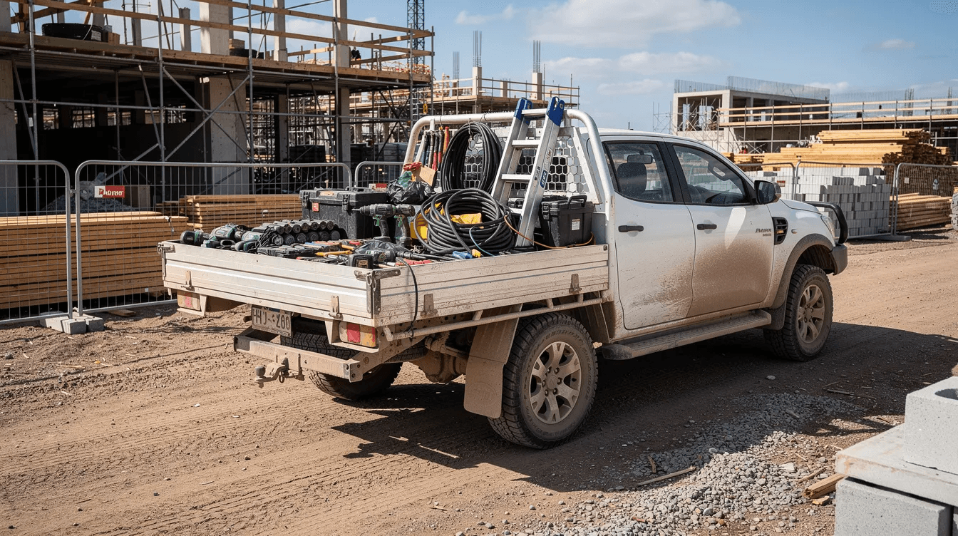 A white work ute is parked at a construction site, with various tools visible in the tray, indicating its use for business purposes. This vehicle could be financed through options like a chattel mortgage, providing potential tax benefits and cash flow advantages for Australian businesses.