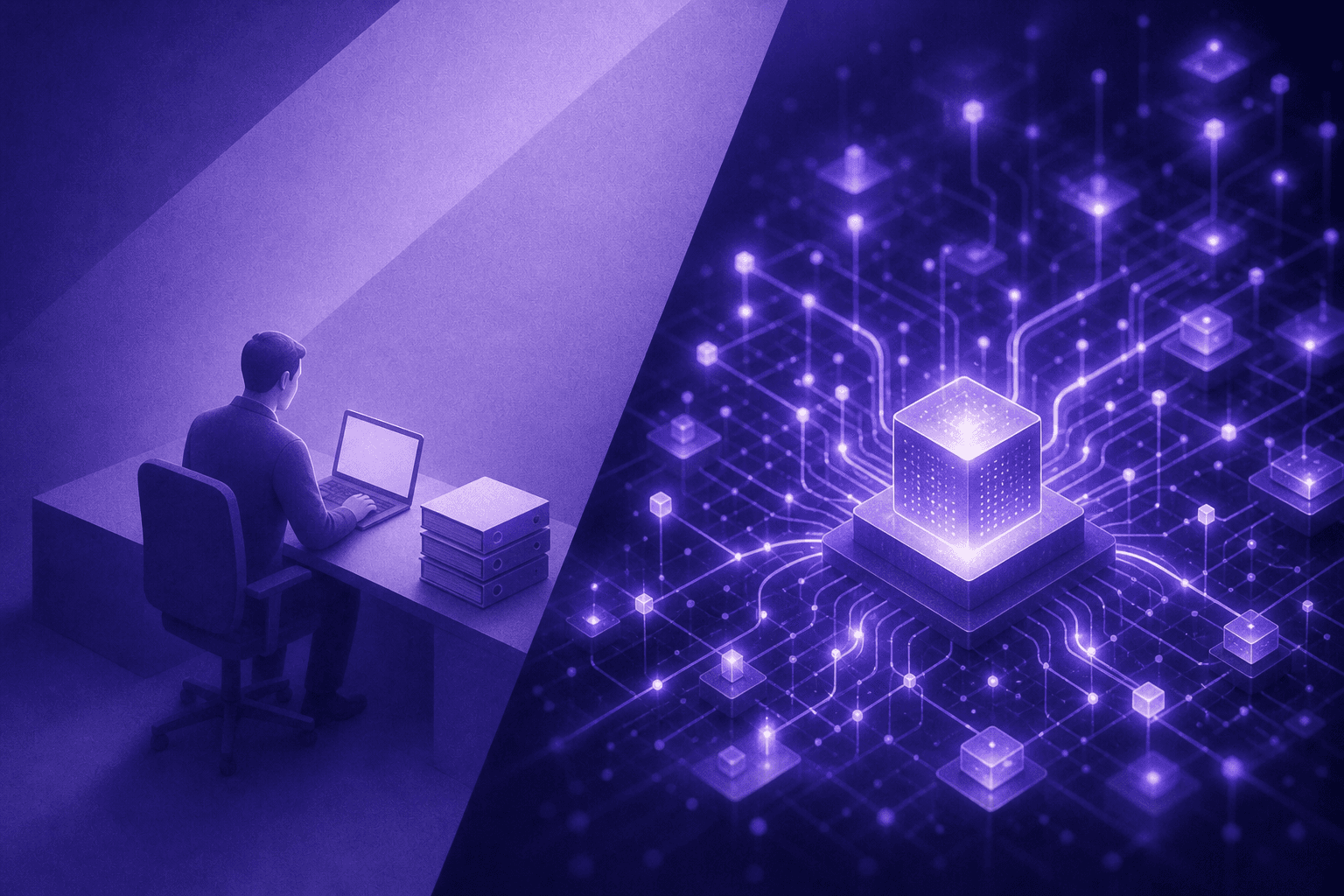 A split-scene illustration showing two contrasting work environments side by side: on the left, a single human professional at a desk with a small stack of folders representing limited capacity; on the right, a glowing digital network of interconnected nodes and data streams representing an AI system processing thousands of connections simultaneously, with a sleek modern aesthetic using blues and purples against a dark background