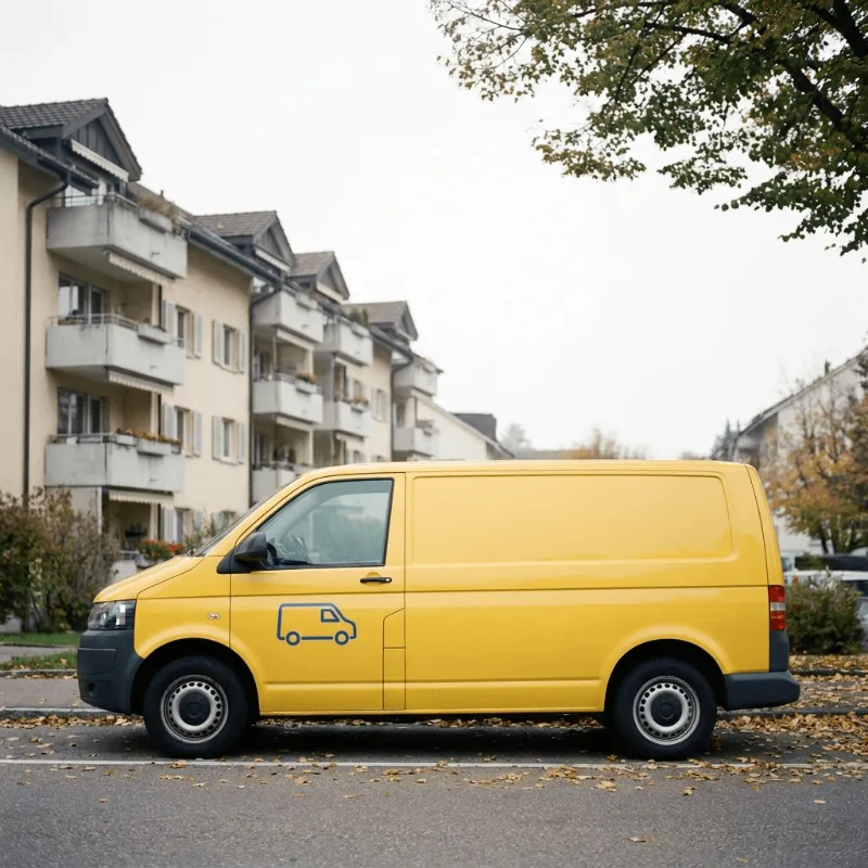 Gelber Bernans Transporter vor einem Mehrfamilienhaus in Zürich