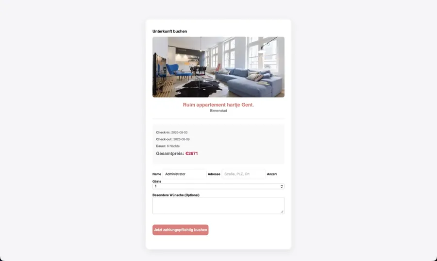 FEWO, the booking form filled in and priced.