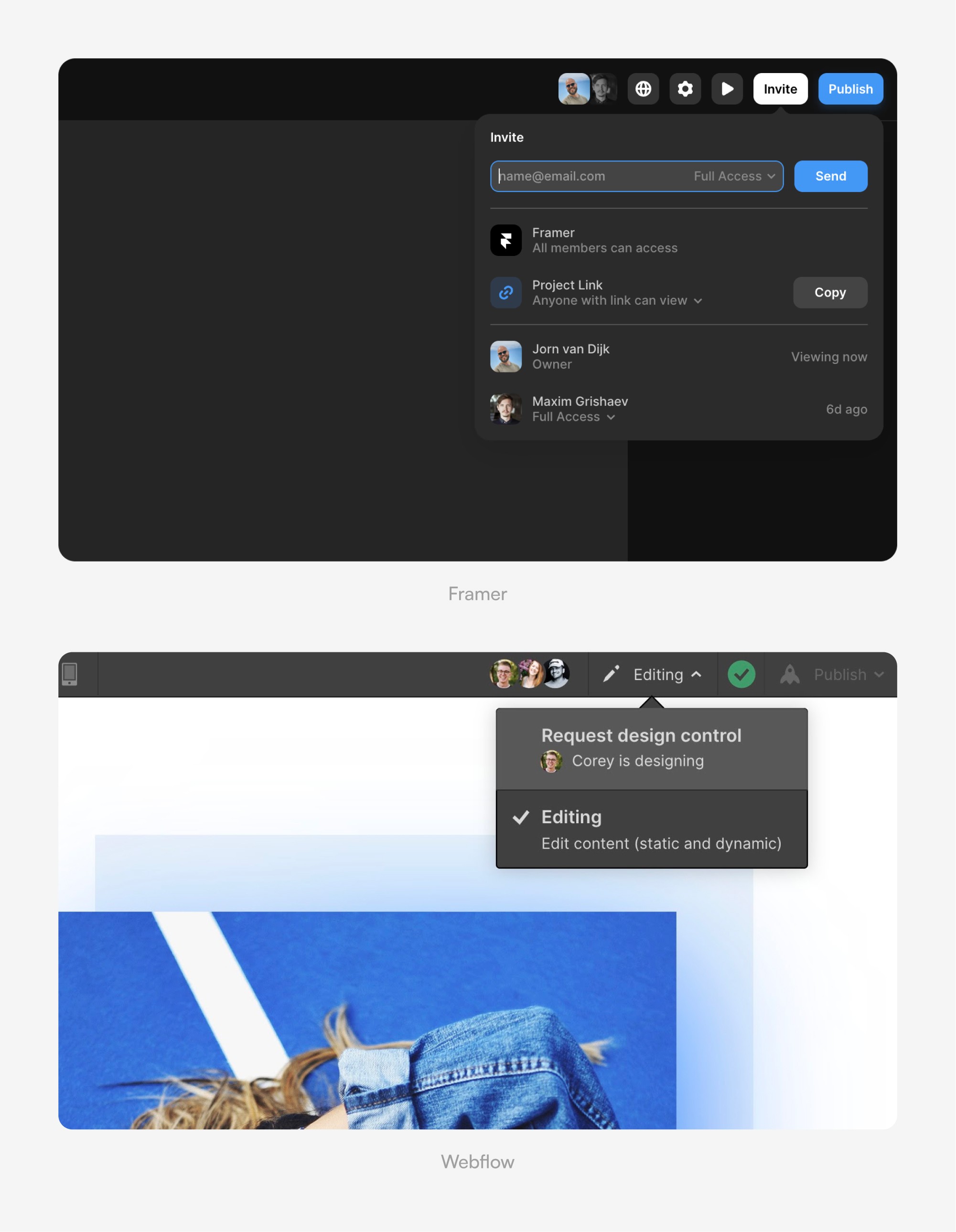 framer real-time collaboration vs webflow real-time collaboration