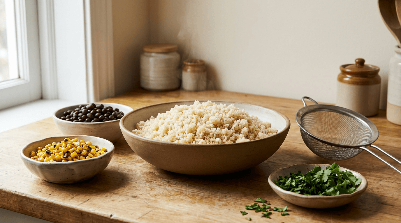 Cooked quinoa in a ceramic bowl with black beans, roasted corn, and herbs for meal prep