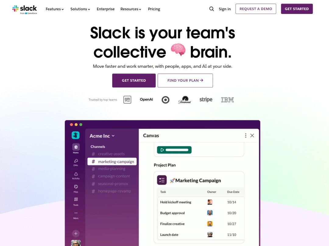 Slack website hero section with a brain in the headline, and a mockup illustration of the product 
