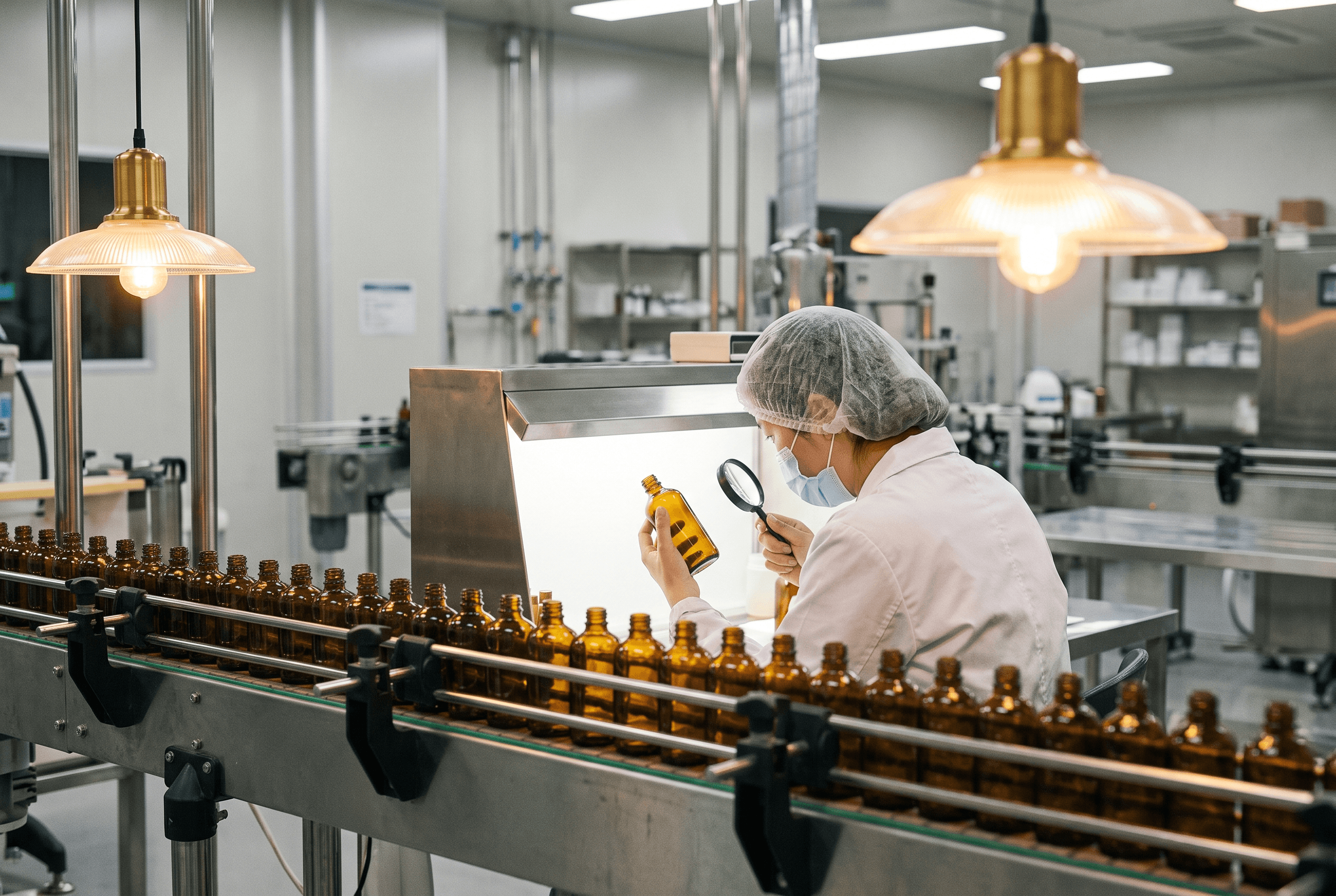 Kozmetik üretim tesisinde amber şişeleri kontrol eden kalite uzmanı, private label üretim