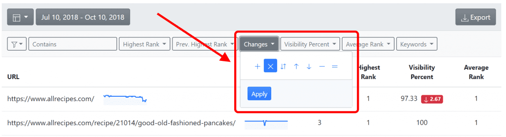 advanced web ranking, Landing Pages Visibility report, filter options. 