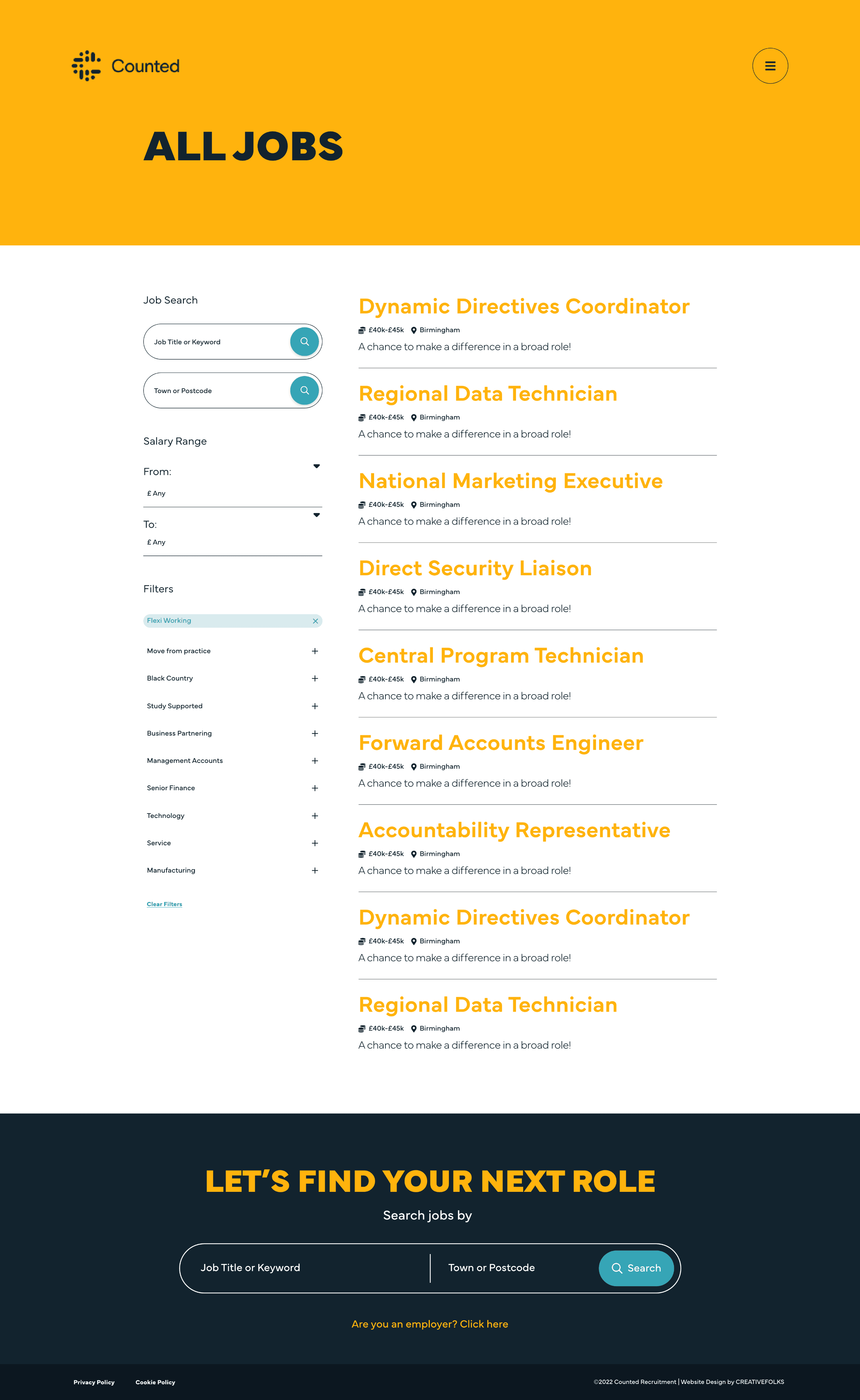 Job listing website screenshot showing a list of various open roles at an unspecified company, such as Dynamic Directives Coordinator, Regional Data Technician, and National Marketing Executive.