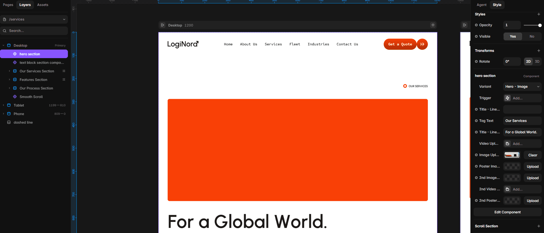 LogiNord services page in Framer with a reusable hero component selected and its editable properties visible.
