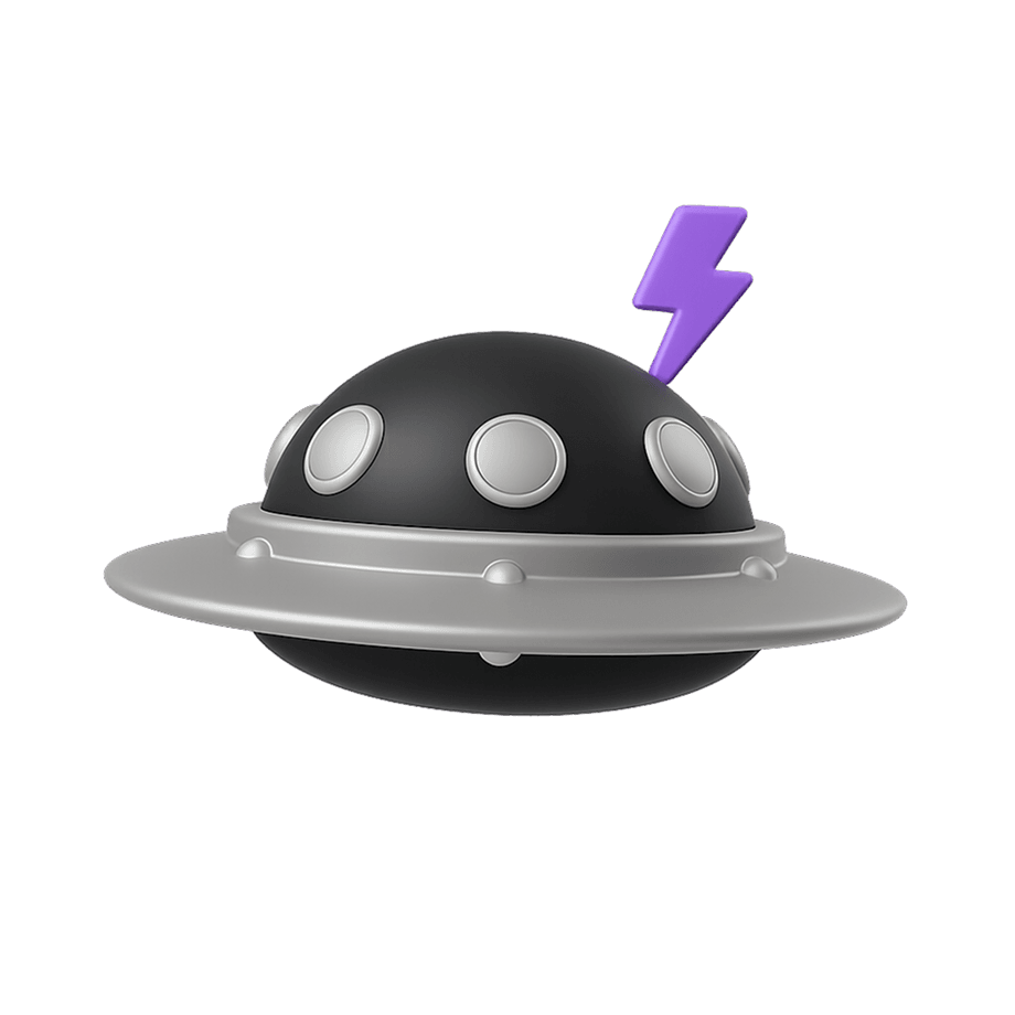 A cartoon-style UFO with a black and silver body and a purple lightning bolt on top, hovering against a plain background.