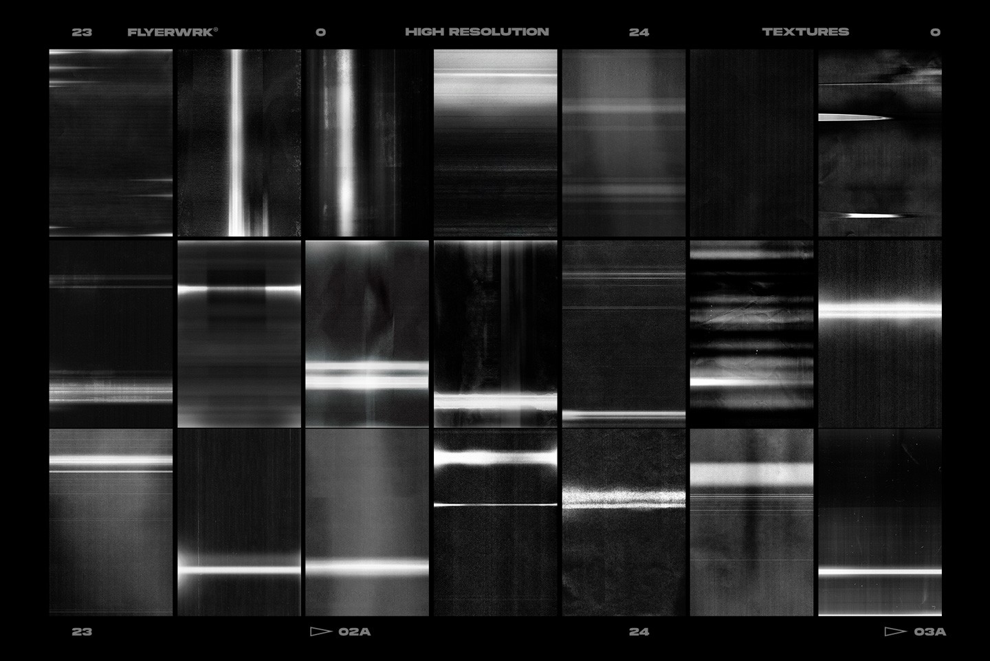 Grid of twenty four copy scan textures featuring different light leaks and photocopy glitch effects