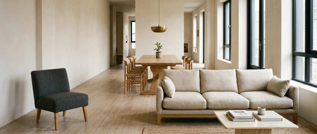 A furnished living room with a linen sofa, leather chairs and a view to the terrace