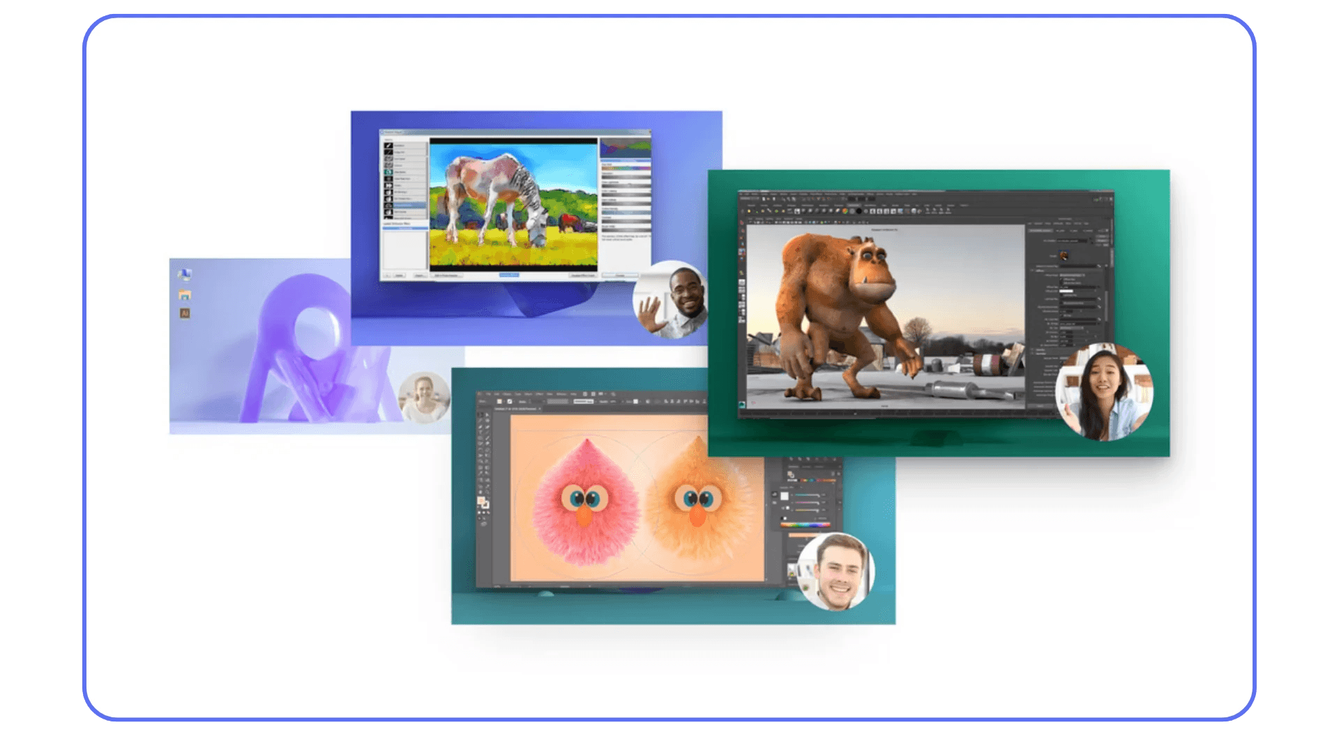 Multiple creative software sessions running on cloud workstations with team members collaborating remotely — representing Vagon Teams as a cloud-based RDP alternative.