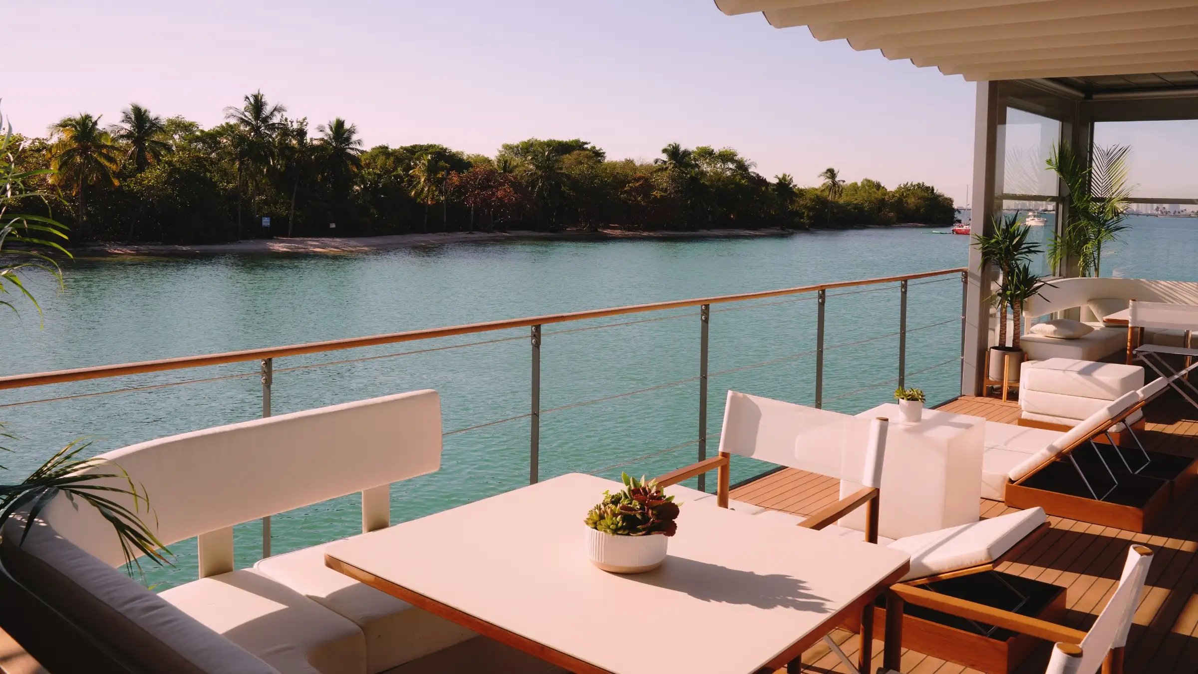 tables and chairs on yacht deck
