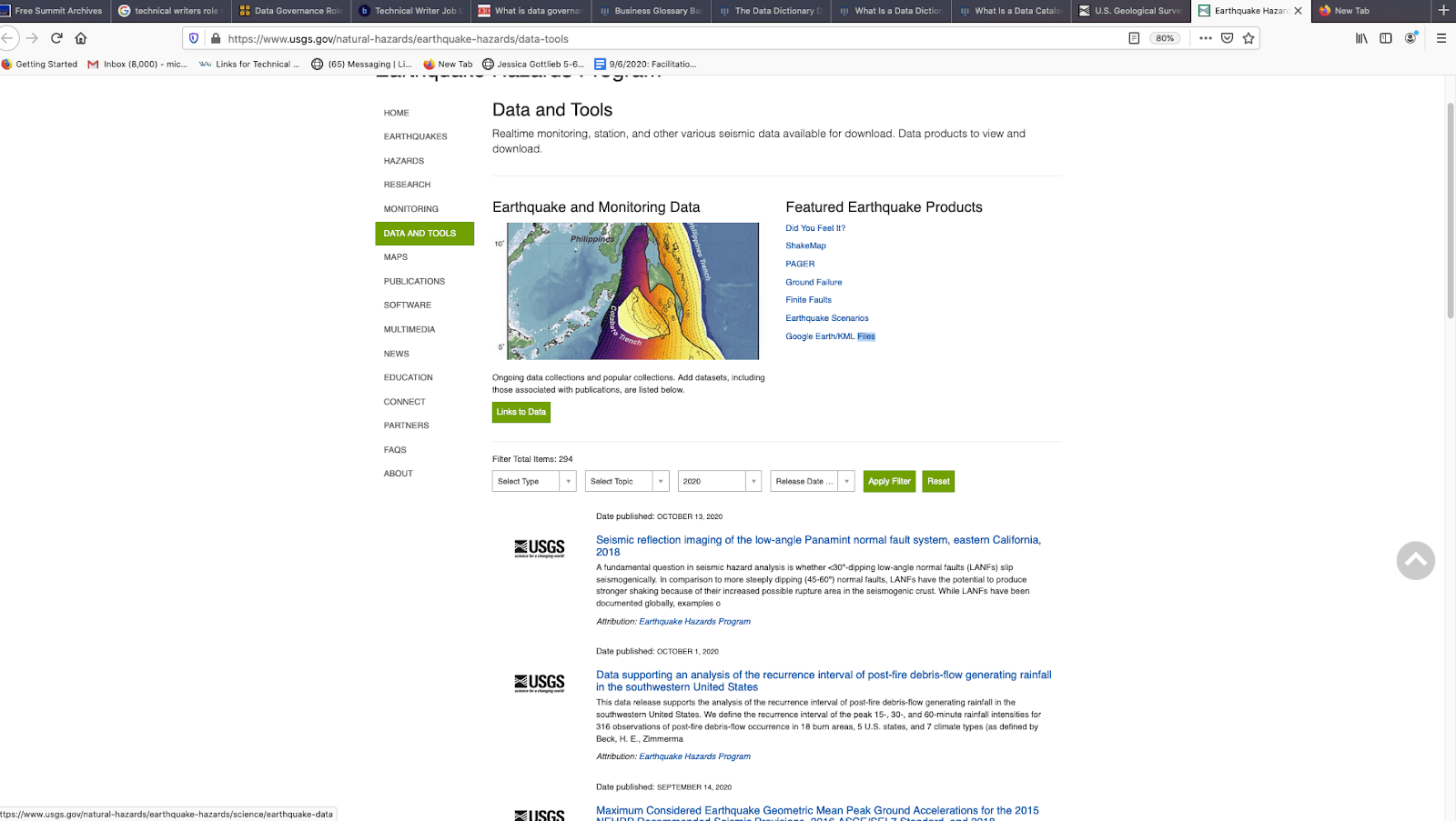 Screenshot showing USGS Earthquake Hazards Program. The program allows users to browse and filter all data published by the program.