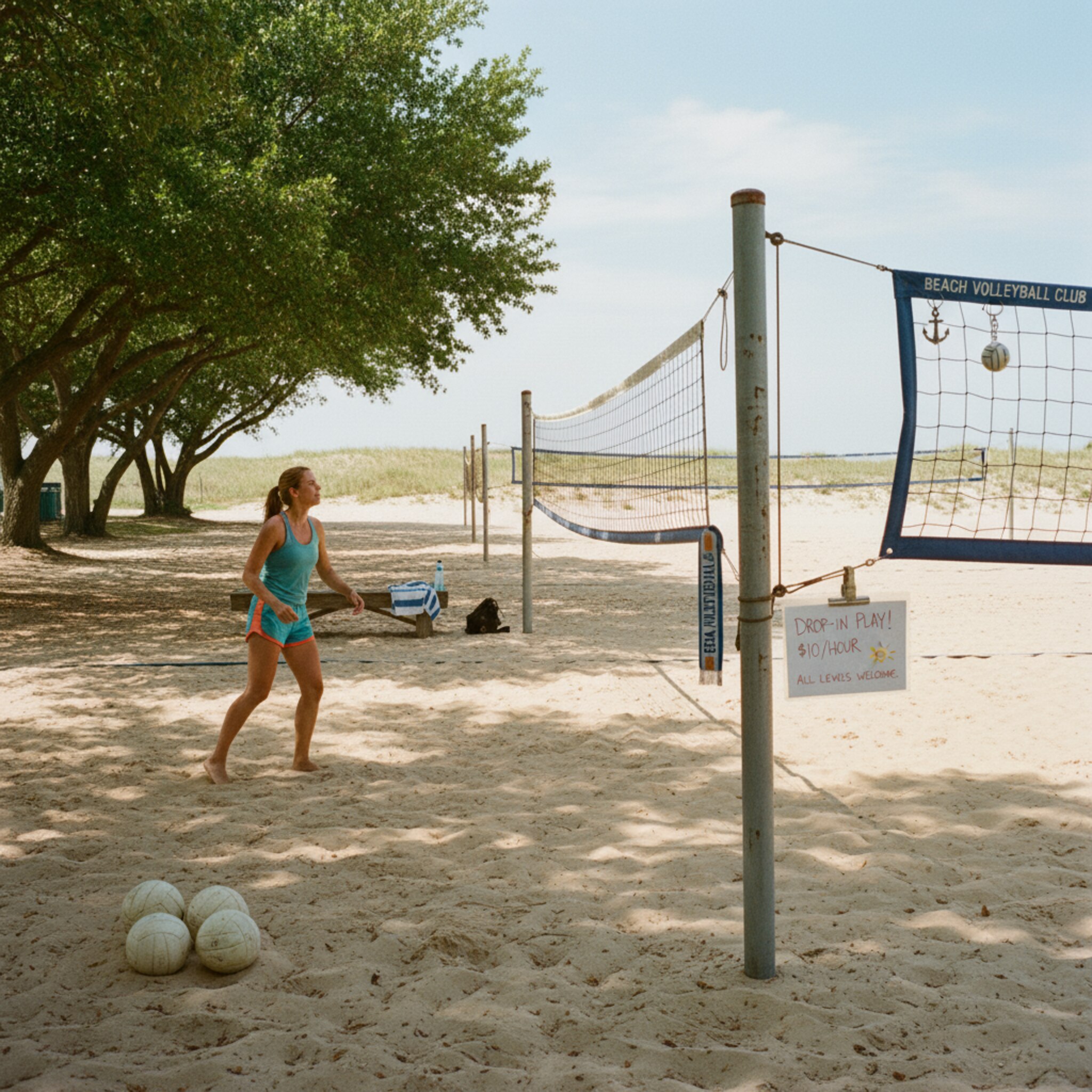 Mittags liegt der Court halb im Schatten, nur eine Spielerin übt Aufschläge. Am Zaun hängt ein Vereinsarmband neben einem Schlüsselbund, daneben steckt eine laminierte Karte in einer Klemme. Die Szene wirkt ruhig, die Preislogik für diese Zeit erscheint plausibel und einladend.