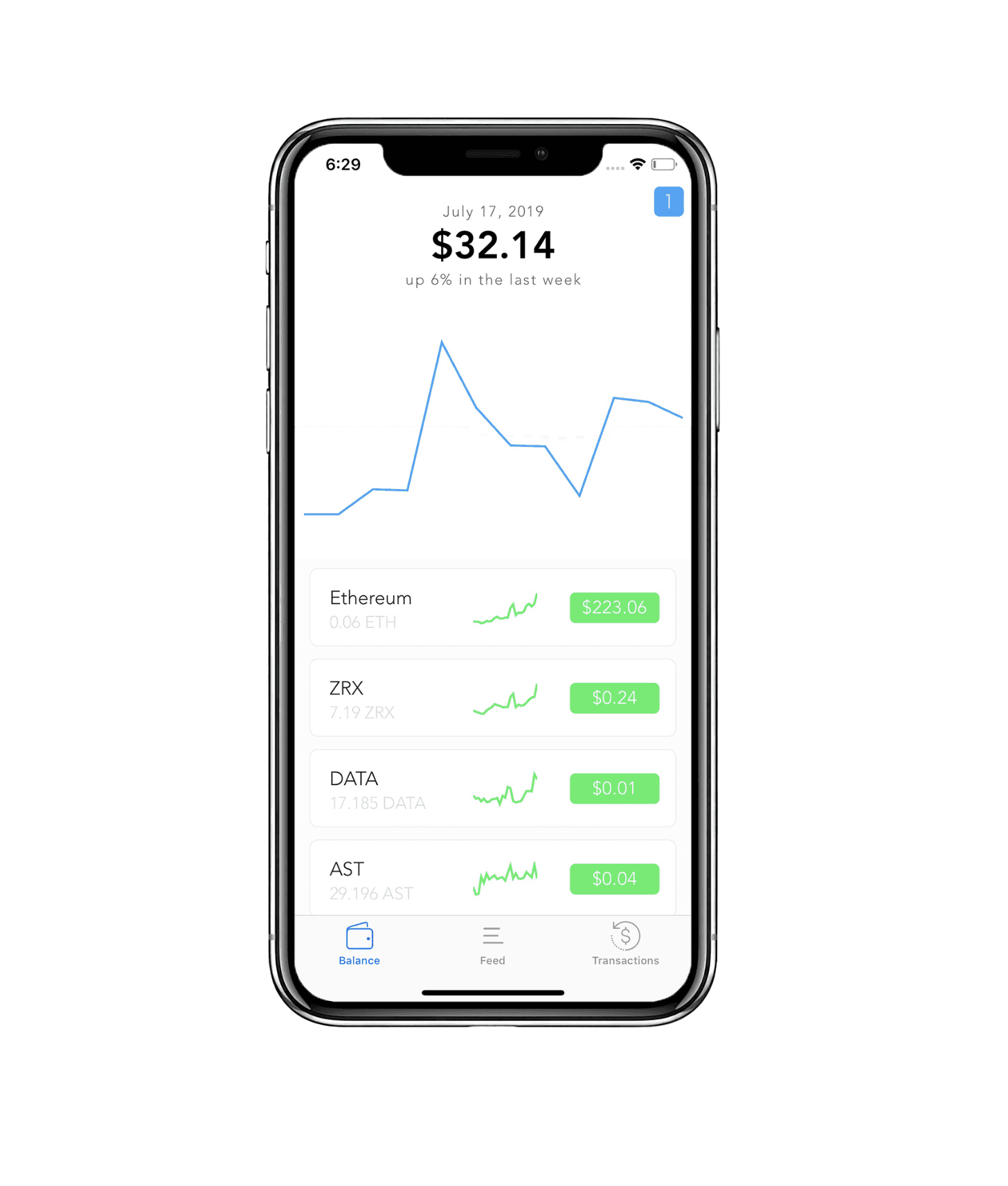 A mockup for an iPhone placed on a table for a crypto app