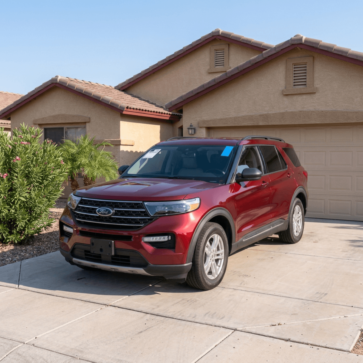Windshield replacement completed on a red Ford Explorer at a home in Surprise, Arizona