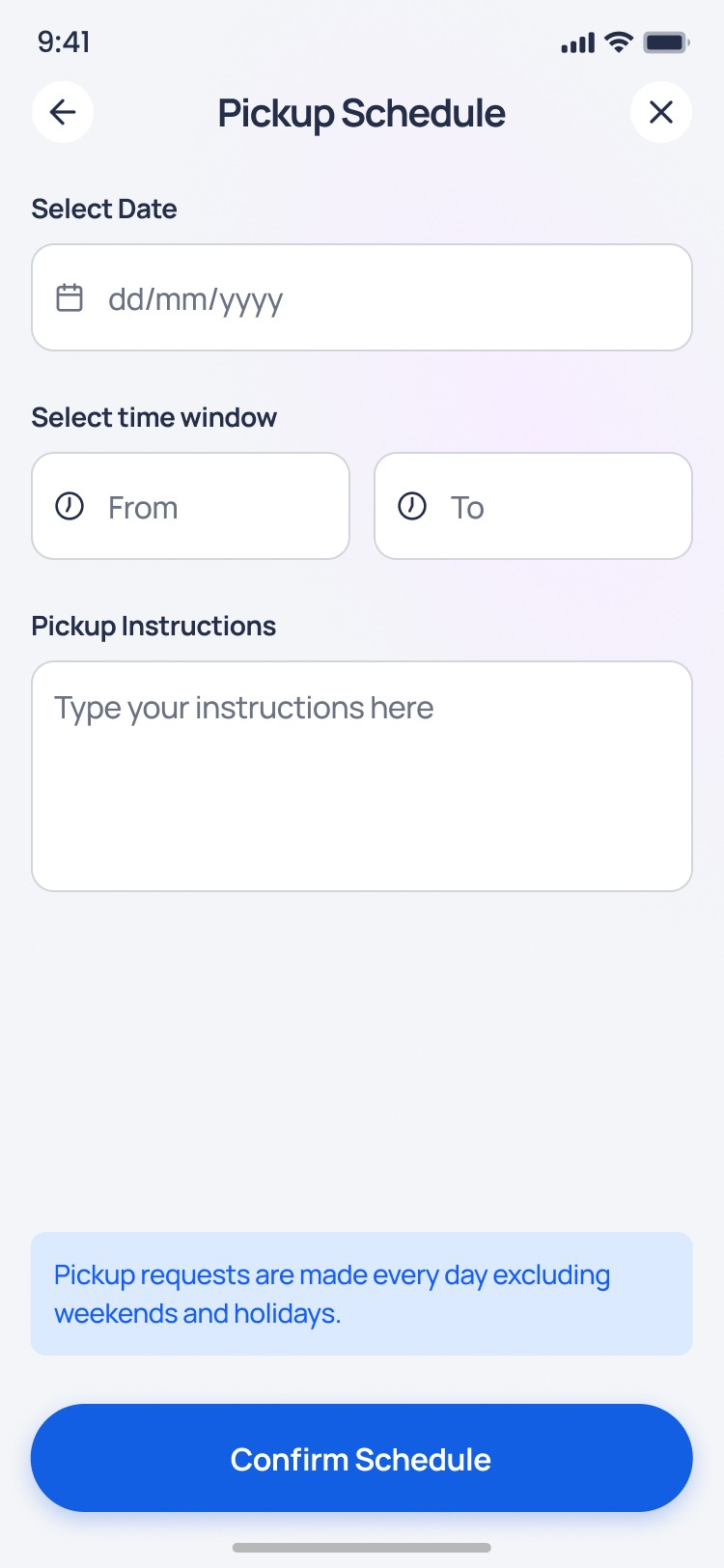 Screen 3: Pickup Schedule