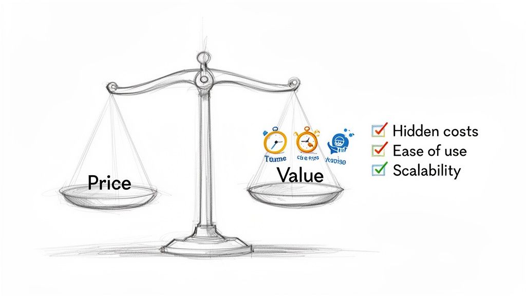 A balance scale illustrates value outweighing price, with a checklist for hidden costs, ease of use, and scalability.