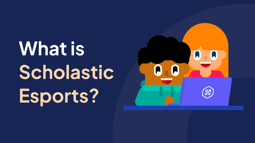 Two animated characters sitting in front of a laptop. The text "What is Scholastic Esports" shown to the left