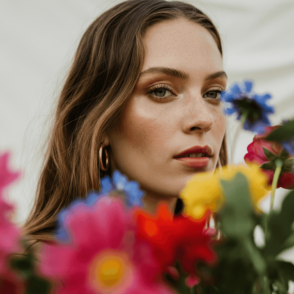 A woman with gold hoop earrings posed behind vibrant, colorful flowers.